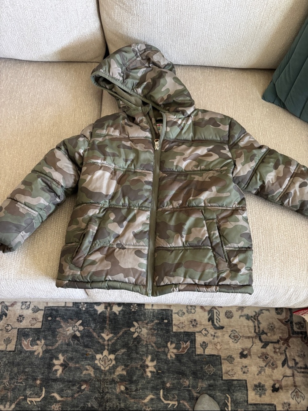 Kids Hooded Camo Puffer Jacket - Olive Green